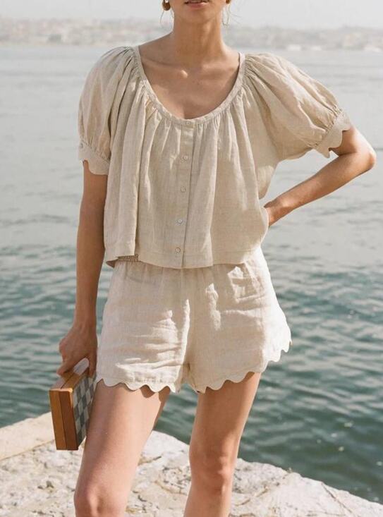 Tuckernuck Pants - Tuckernuck Natural Linen Tully Crop Top Ava Shorts Matching Set Outfit XS